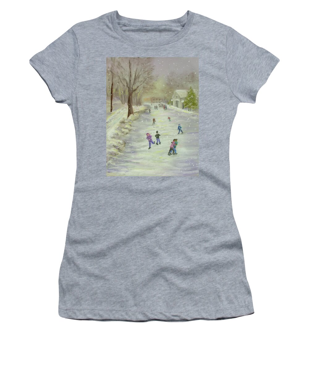 Snow Women's T-Shirt featuring the painting Skaters by Dorothy Riley