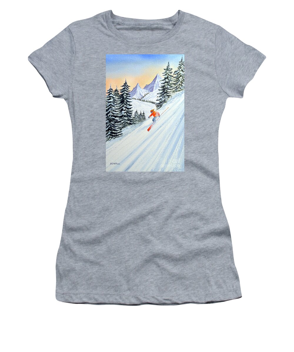 Skiing Women's T-Shirt featuring the painting Skiing - The Clear Lady Leader by Bill Holkham