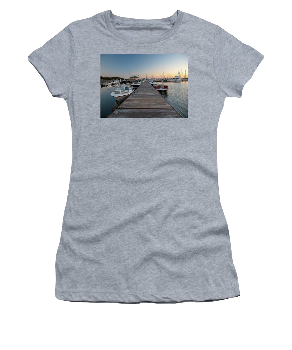 Skull Creek Marina Women's T-Shirt featuring the photograph Skull Creek Marina dock at sunset by Dennis Schmidt