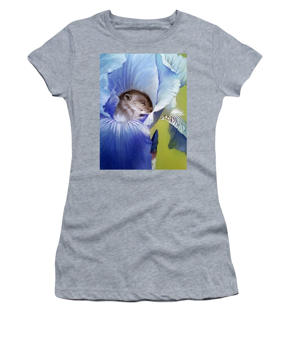 Russian Artists New Wave Women's T-Shirt featuring the painting Sleepy Baby Mouse in Iris by Alina Oseeva