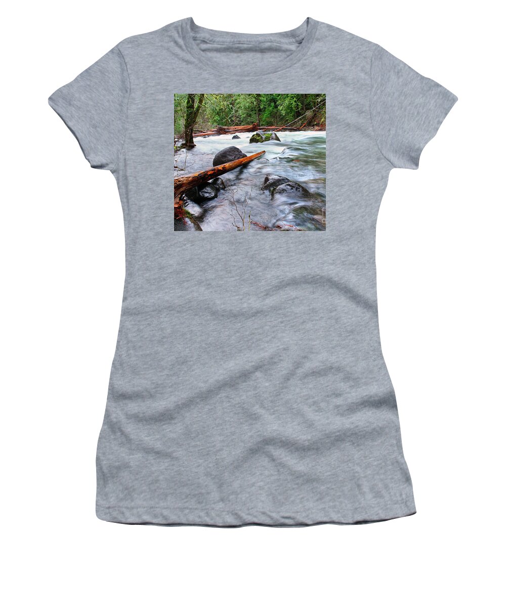Flooded River Creek Women's T-Shirt featuring the photograph smooth fast flowing Roaring River storm level high water flowing over banks logs lining riverbanks by Robert C Paulson Jr