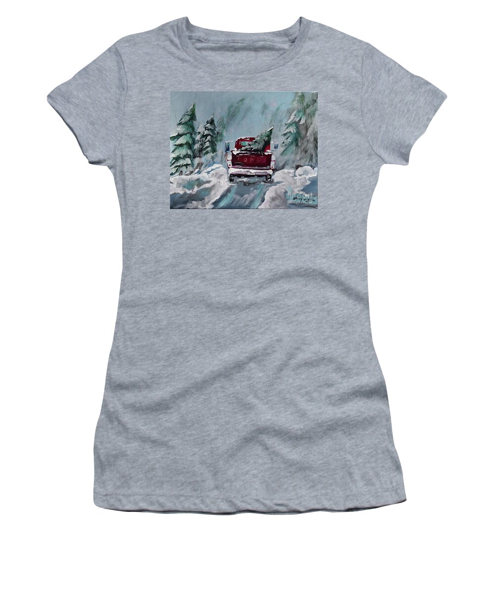 Ford Truck Women's T-Shirt featuring the painting Dashing Thru the Snow - Ford Truck by Jan Dappen