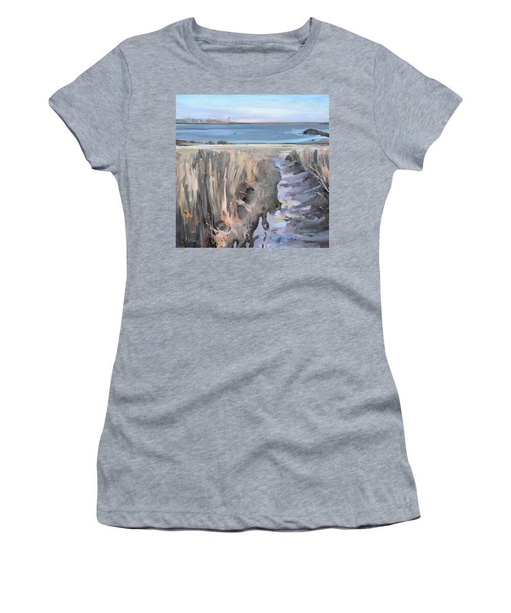Scituate Women's T-Shirt featuring the painting Snowy Beach at Scituate Massachusetts by Donna Tuten
