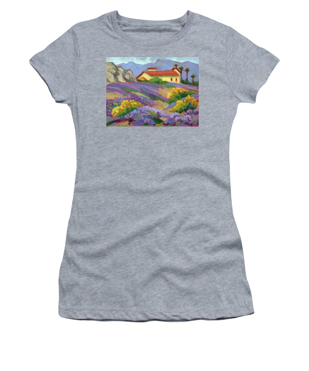 St. Francis Women's T-Shirt featuring the painting St. Francis Church, Verbena and Desert Sunflowers by Diane McClary