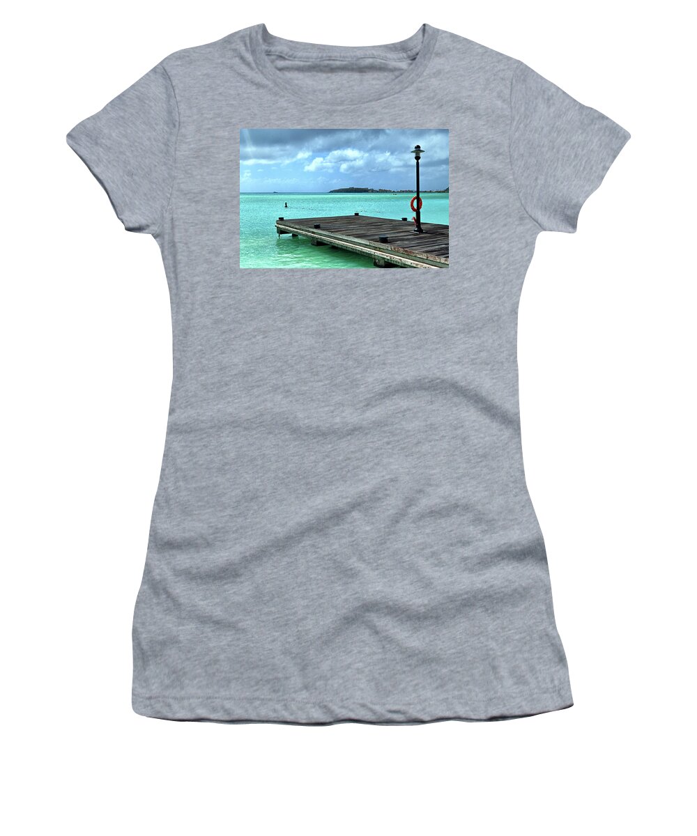 St Maarten Women's T-Shirt featuring the photograph St. Maarten Pier in Aqua Caribbean Waters by Bill Swartwout