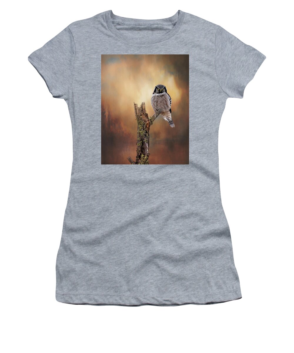 Northern Hawk Owl Women's T-Shirt featuring the photograph Stare Into My Eyes by Susan Rissi Tregoning