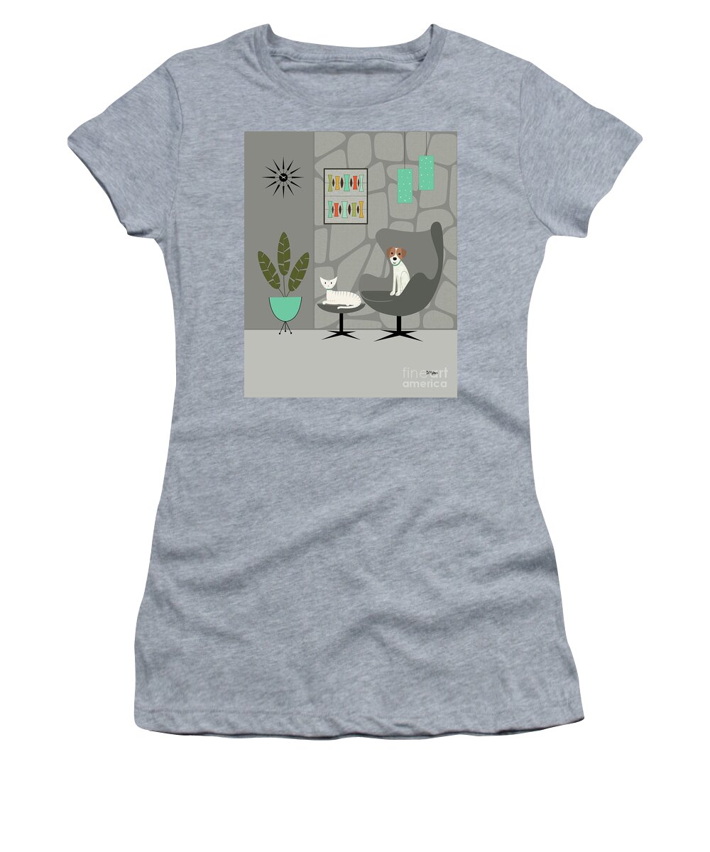 Mid Century Modern Women's T-Shirt featuring the digital art Stone Wall with Dog and Cat by Donna Mibus