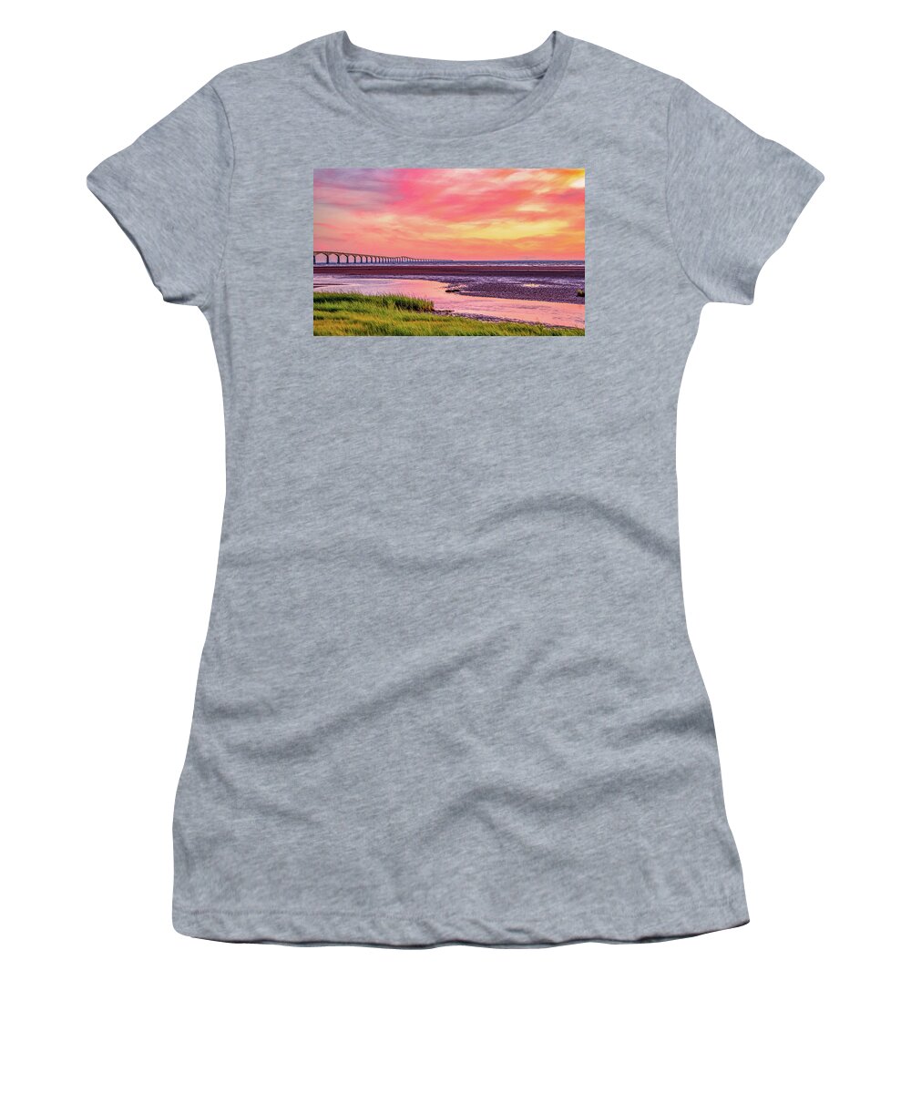 Pei Women's T-Shirt featuring the photograph Summer Sunset at Confederation Bridge, Painterly by Marcy Wielfaert