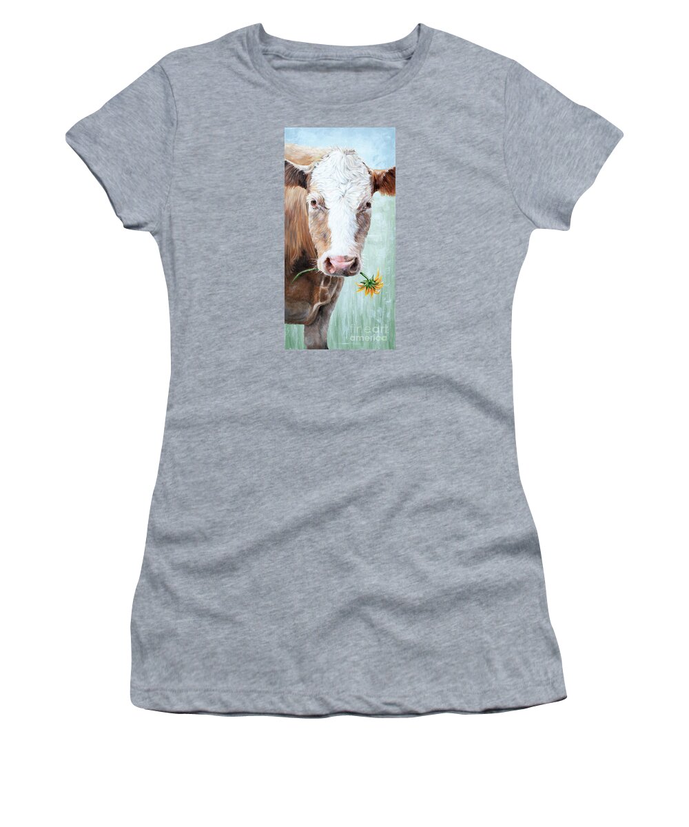 Cow Painting Women's T-Shirt featuring the painting My Sunflower - Cow Painting by Annie Troe