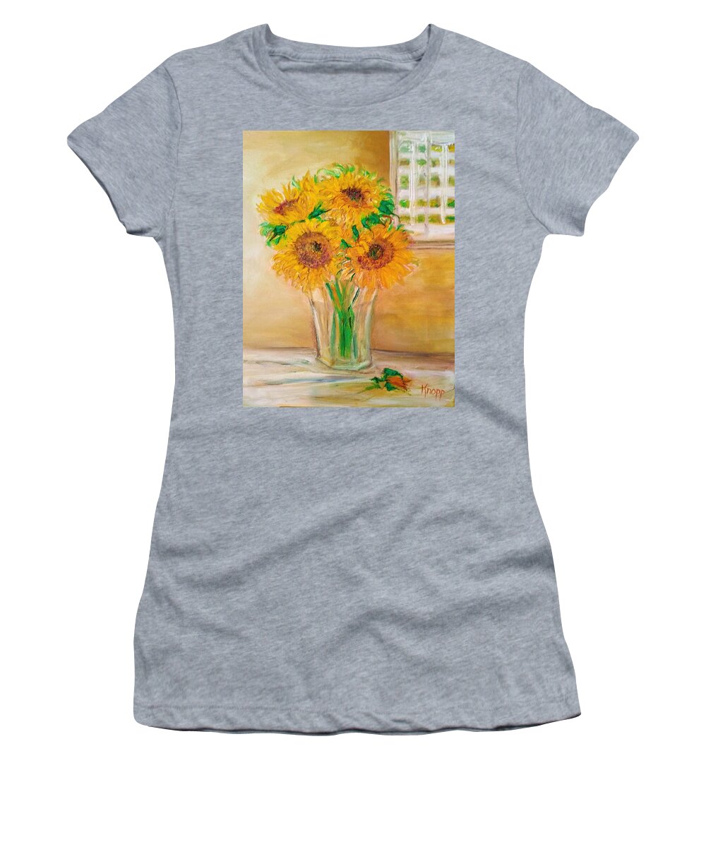 Sunflowers With Their Green Stems And Bright Colors In A Half Filled Water Vase. Hippiessunflowers Women's T-Shirt featuring the painting Sunflowers by Kathy Knopp