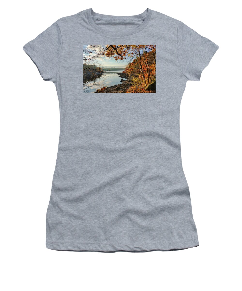 Lynn Women's T-Shirt featuring the photograph Sunrise on Breeds Pond Lynn Woods Lynn Massachusetts Fall Foliage Trees by Toby McGuire