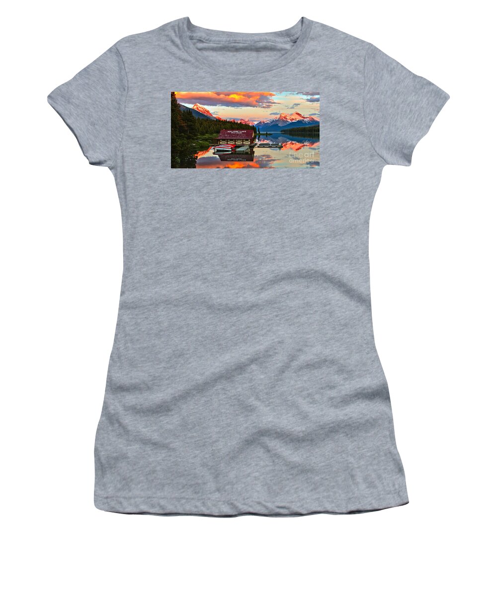 Maligne Lake Women's T-Shirt featuring the photograph Sunset Glow Over The Maligne Lake Boathouse by Adam Jewell