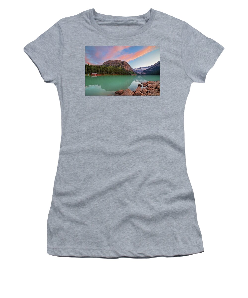 Lake Women's T-Shirt featuring the photograph Sunset in Lake Louise Banff National Park by Toby McGuire