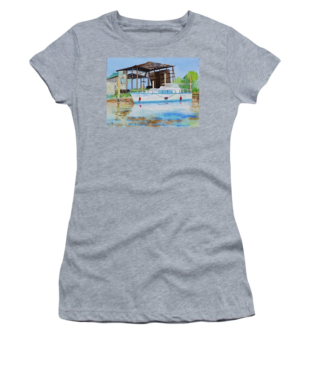 Boat Women's T-Shirt featuring the painting Tarpon Springs Boat Dock by Margaret Zabor