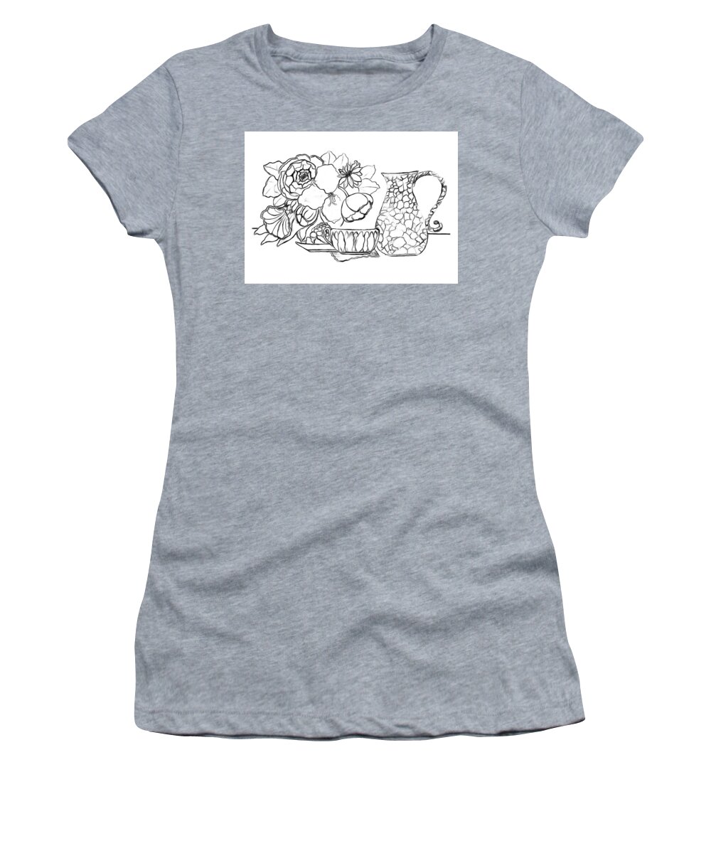 Flowers Women's T-Shirt featuring the drawing Tea Time Drawing - Paint My Sketch by Delynn Addams
