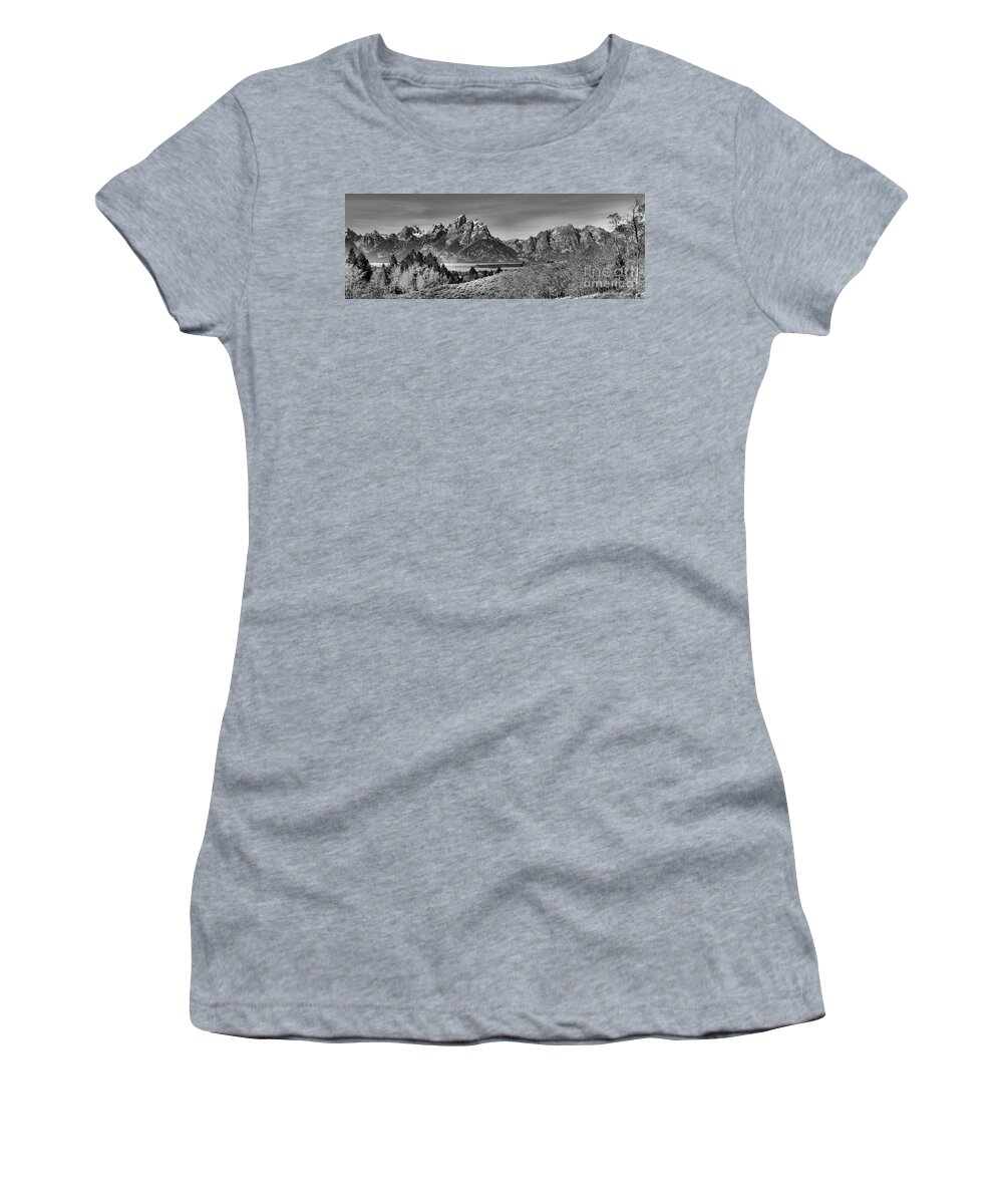 Grand Teton Women's T-Shirt featuring the photograph Teton Aspen Gold Panorama Black And White by Adam Jewell