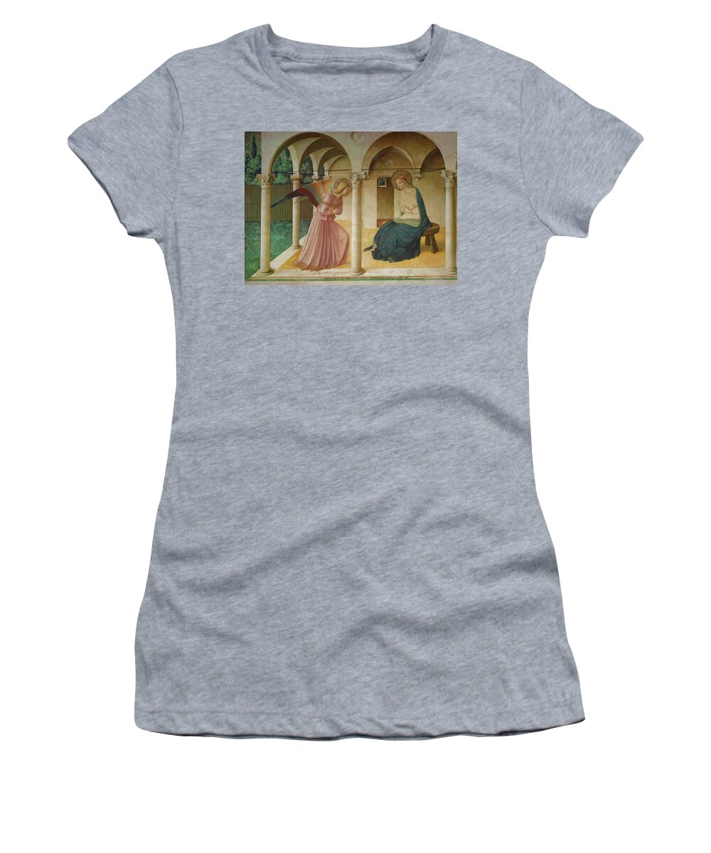 Archangel Gabriel Women's T-Shirt featuring the painting The Annunciation. Fresco in the former dormitory of the Dominican monastery San Marco, Florence. by Fra Angelico -c 1395-1455-