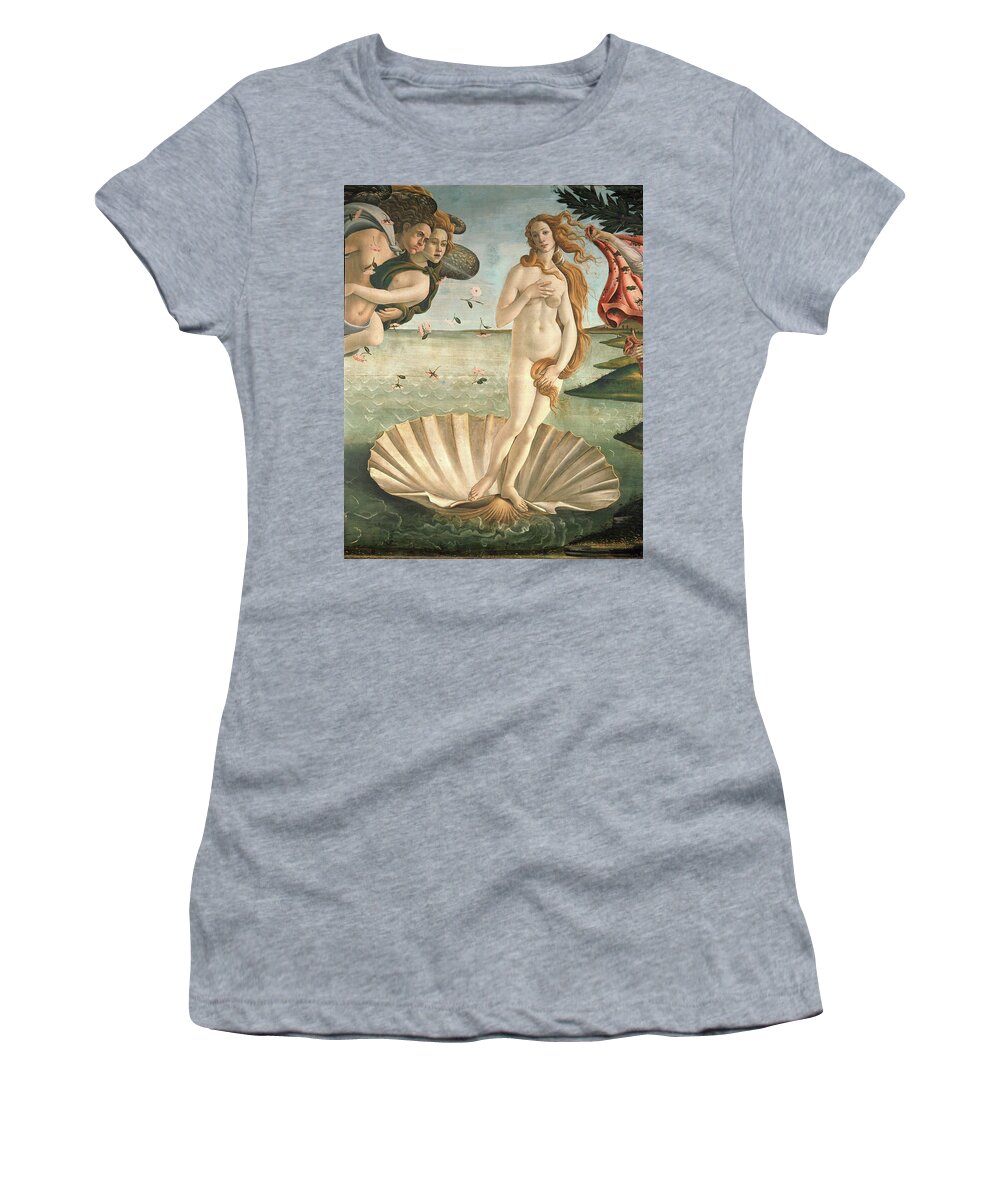 Aphrodite Women's T-Shirt featuring the painting The Birth of Venus, 1478. Detail of the Birth of Venus in scallop shell. SANDRO BOTTICELLI . CLORIS. by Sandro Botticelli -1445-1510-