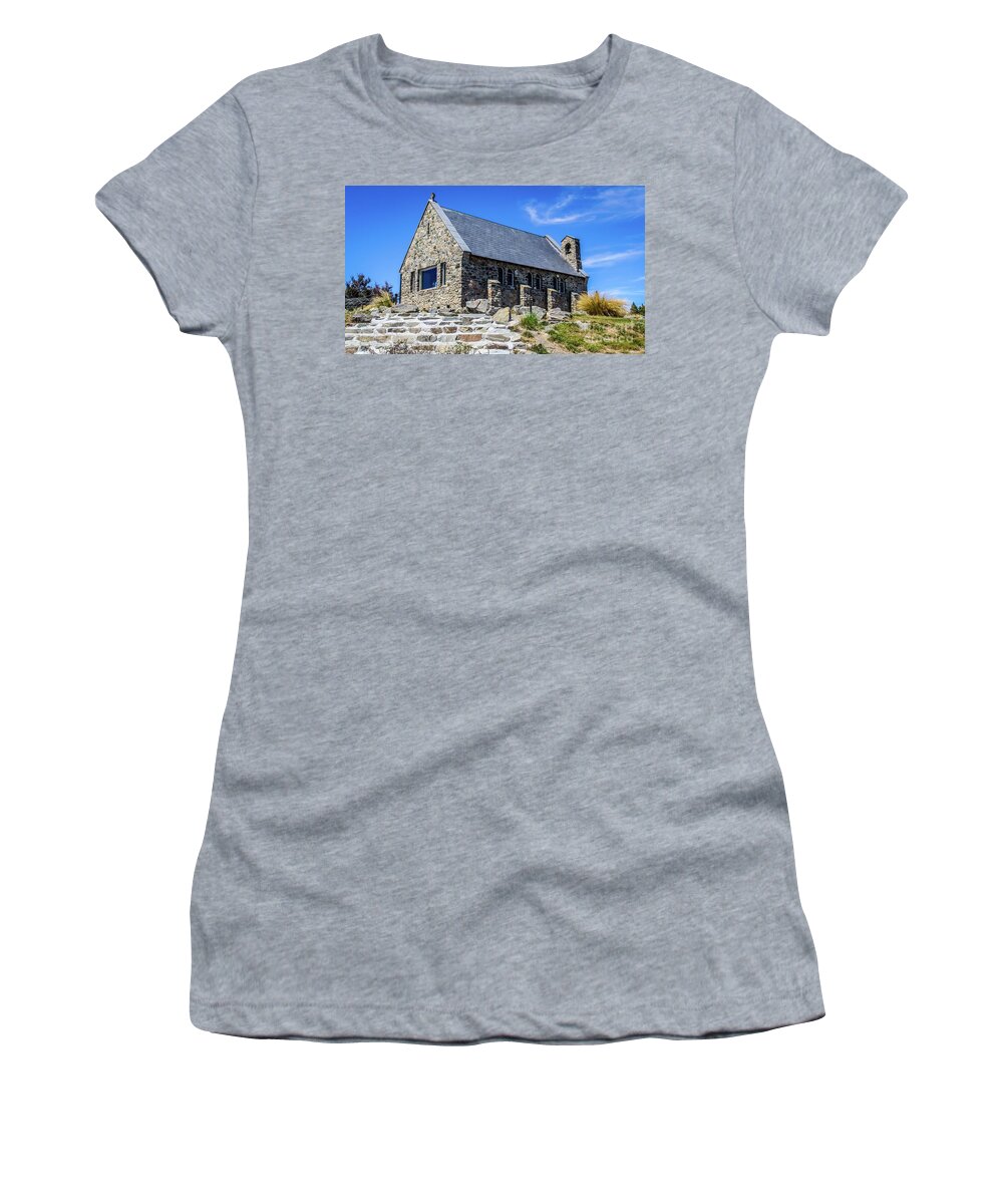 Church Women's T-Shirt featuring the photograph The Church of the Good Shepherd, New Zealand by Lyl Dil Creations