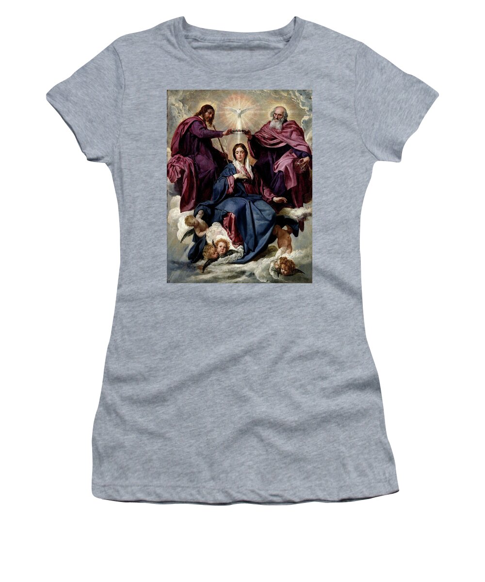 Diego Velazquez Women's T-Shirt featuring the painting 'The Coronation of the Virgin', ca. 1635, Spanish School, ... by Diego Velazquez -1599-1660-