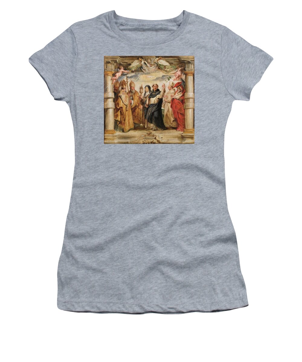 Peter Paul Rubens Women's T-Shirt featuring the painting 'The Defenders of the Eucharist'. Ca. 1625. Oil on panel. by Peter Paul Rubens -1577-1640-