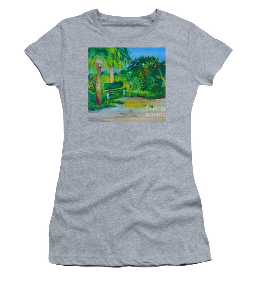 Green Women's T-Shirt featuring the painting The Green Bench by Saundra Johnson