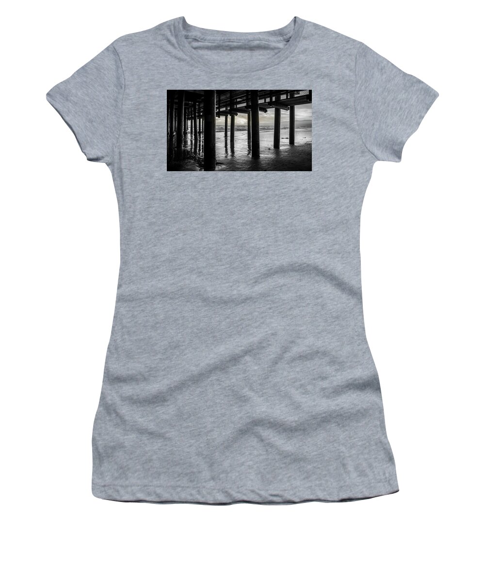 Under The Pier Women's T-Shirt featuring the photograph The Light Downunder - B and W by Gene Parks