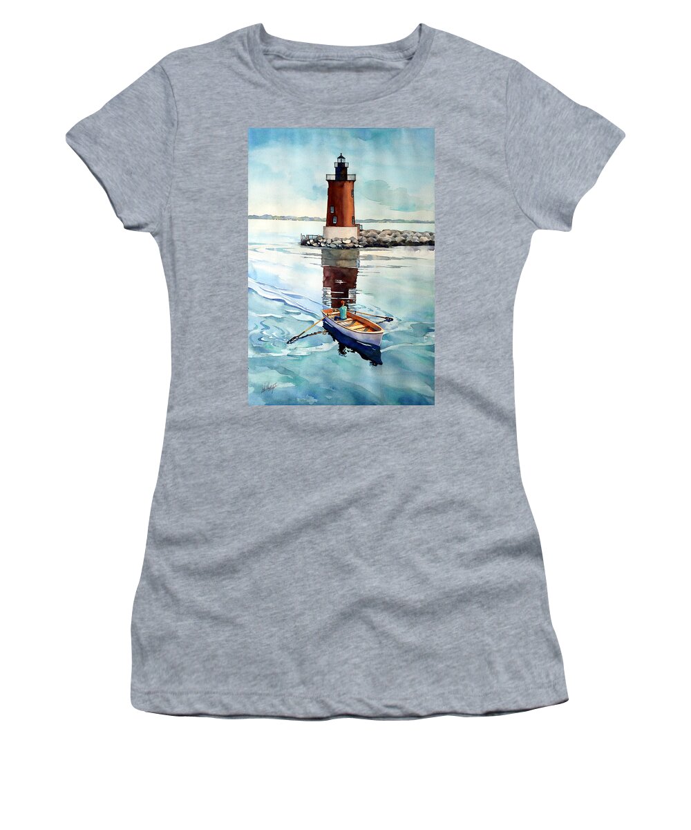 #watercolor #watercolorpainting #delaware #delawarebay #ral #capehenlopen #lighthouse #art #artistsoninstagram #boat #landscape #painting #rowing #rehobothbeach #water Women's T-Shirt featuring the painting The Lighthouse Keeper by Mick Williams