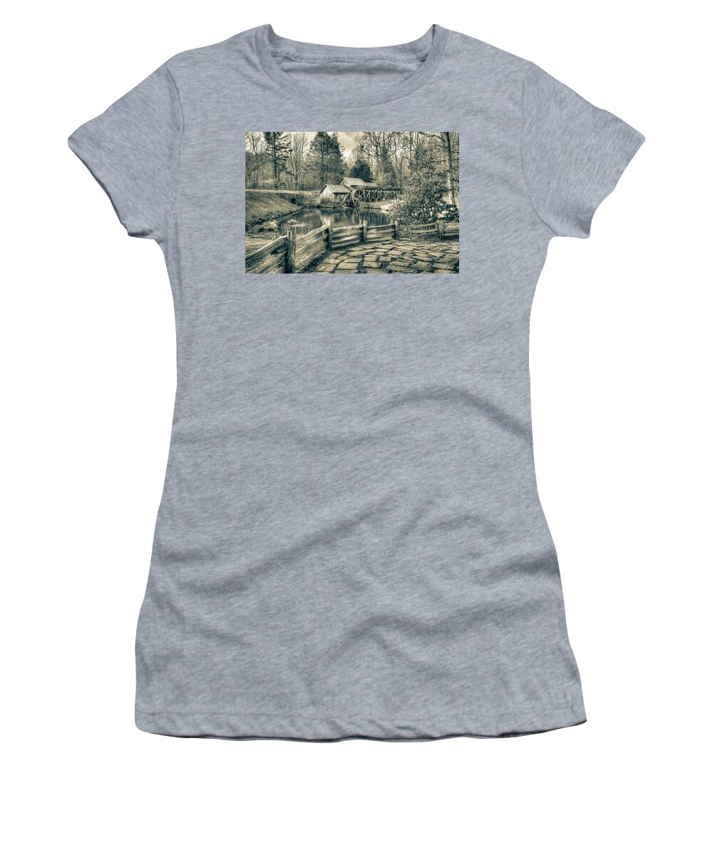 America Women's T-Shirt featuring the photograph The Mabry Mill in Sepia - Blue Ridge Parkway by Gregory Ballos