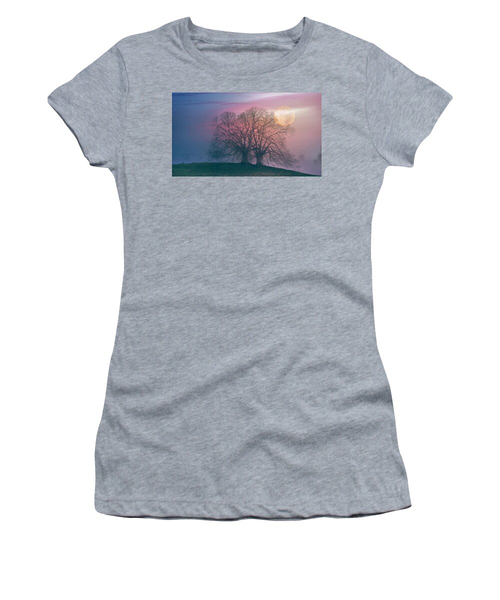 Carolina Women's T-Shirt featuring the photograph The Moon Rises over the Hillsides in Soft Evening Blues by Debra and Dave Vanderlaan