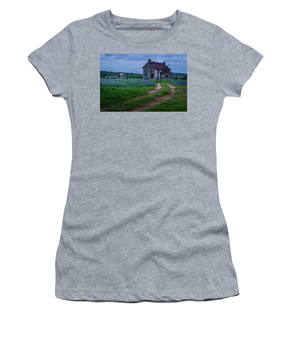 A Dirt Road Leads To A Charming 1800 Era Stone House In The Texas Hill Country As An Evening Storm Rolls In. Women's T-Shirt featuring the photograph The Road Home by Johnny Boyd