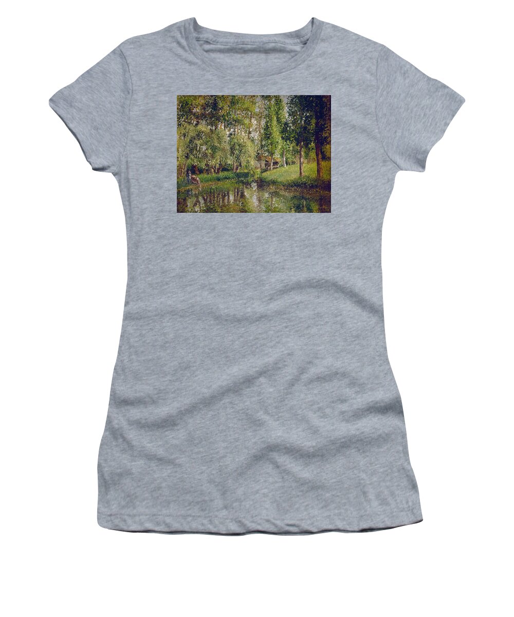 Camille Pissarro Women's T-Shirt featuring the painting The Wash-house at Bazincourt - 1900 - 65,5x81 cm - oil on canvas. by Camille Pissarro -1830-1903-