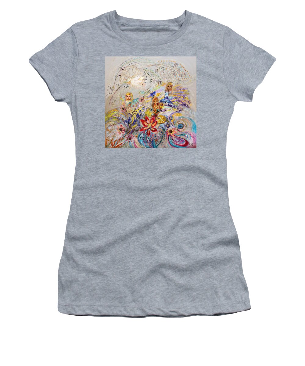 Fantasy Women's T-Shirt featuring the painting Three fairies in garden of dream by Elena Kotliarker