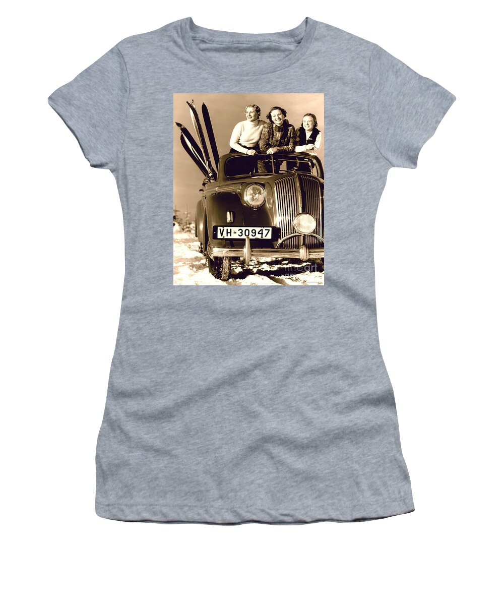 Vintage Women's T-Shirt featuring the photograph Three Fashion Models With 1940s Vehicle And Skis by Retrographs