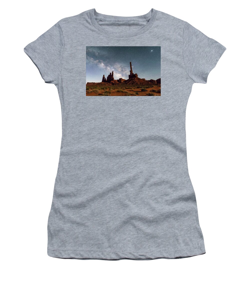 Monument Valley Tribal Park Women's T-Shirt featuring the photograph Totem Pole, Yei Bi Che and Milky Way by Dan Norris
