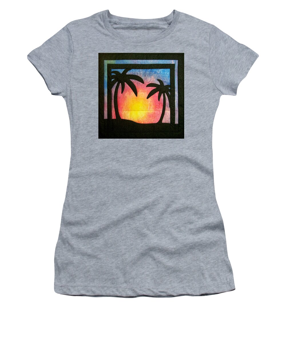 Art Quilt Women's T-Shirt featuring the tapestry - textile Tropical Sunset by Pam Geisel
