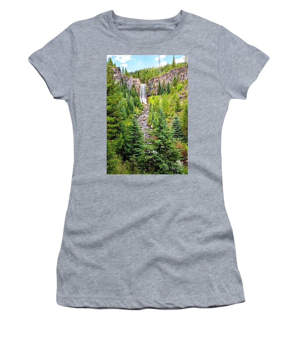 Tumalo Falls Women's T-Shirt featuring the photograph Tumalo Falls, Art, Pine Trees, Oregon, Bend, Wall Art, Framed Art Prints Landscapes, by David Millenheft