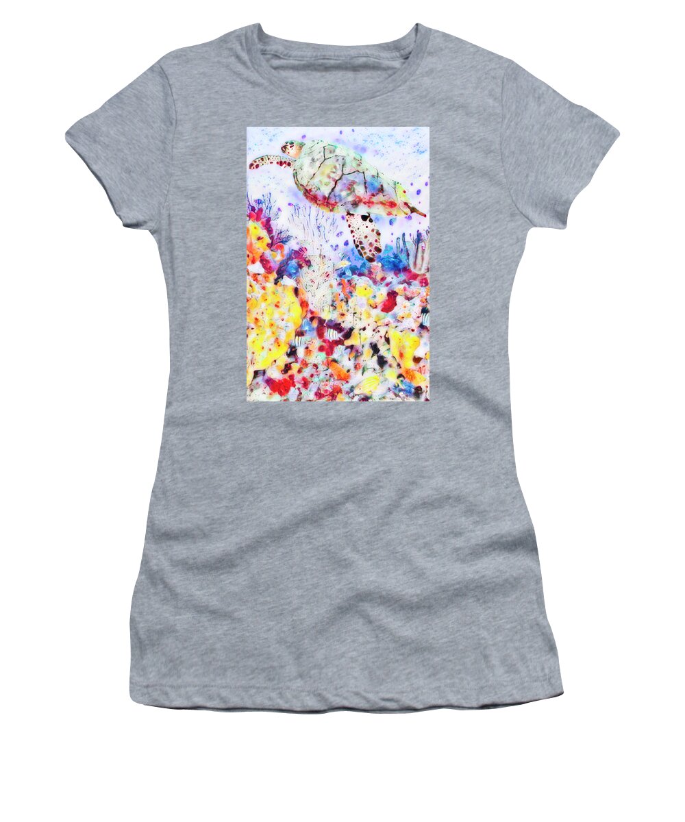 Atlantic Women's T-Shirt featuring the photograph Turtle at the Reef Abstract Watercolors by Debra and Dave Vanderlaan