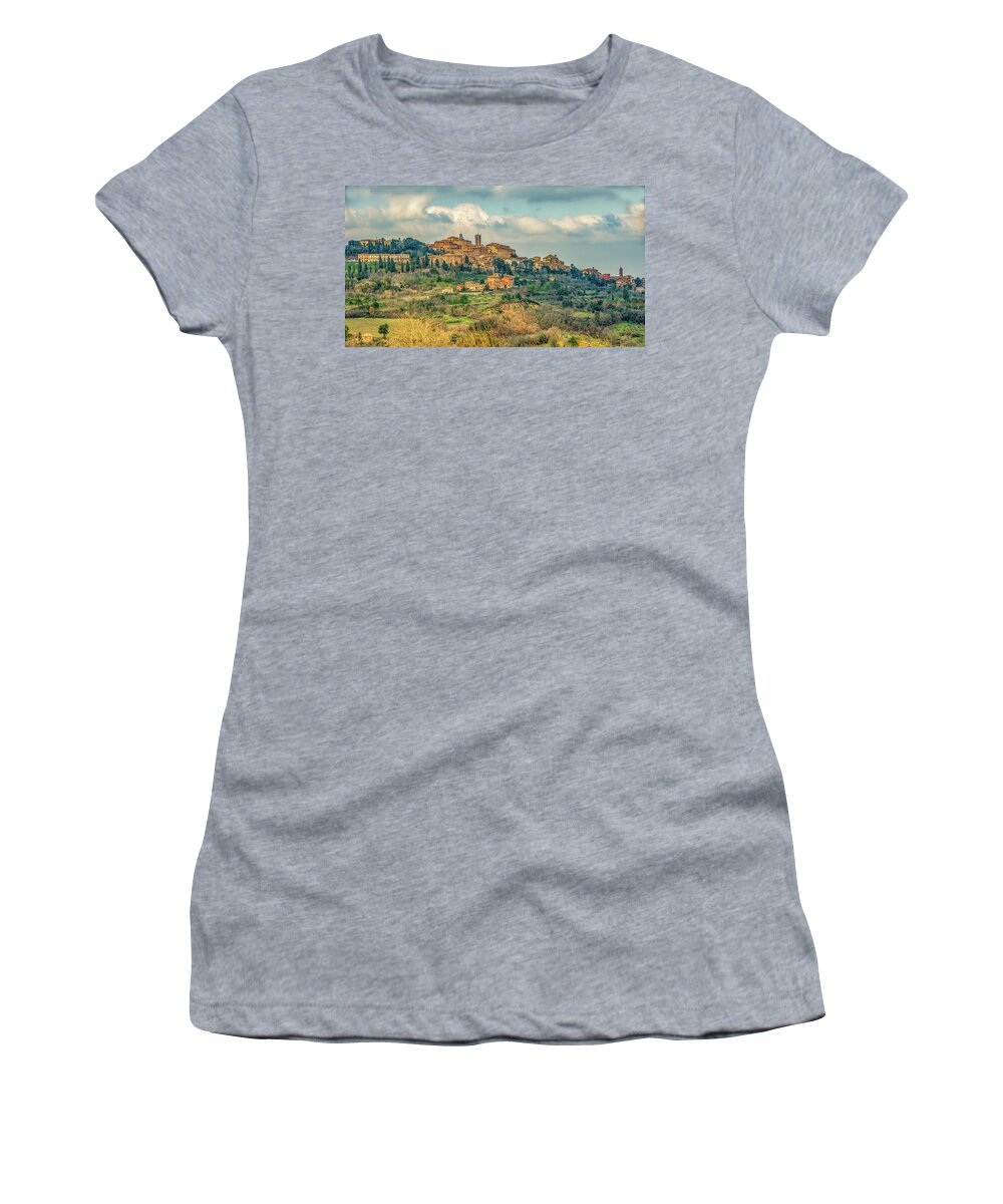 Montepulciano Women's T-Shirt featuring the photograph Tuscan Hill Town by Marcy Wielfaert