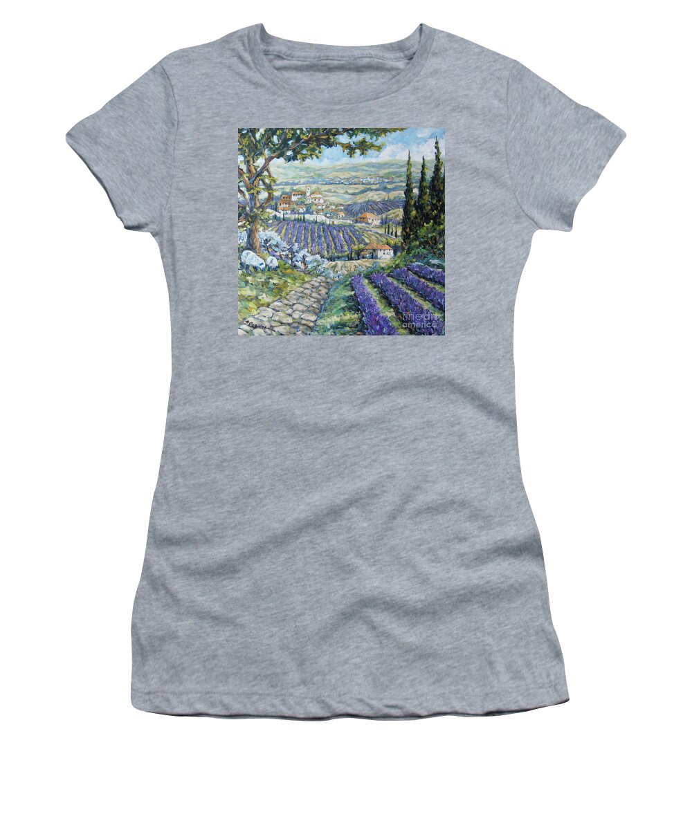 Lavender30x30x1.5 Women's T-Shirt featuring the painting Tuscan Lavender Valleys by Prankearts by Richard T Pranke