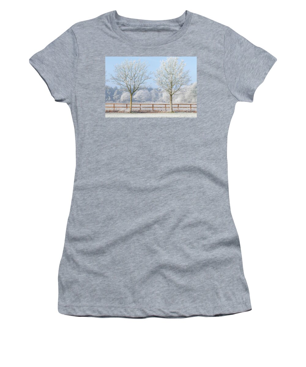 Landscape Women's T-Shirt featuring the photograph Two trees in a deep frozen winter by Simon Bratt