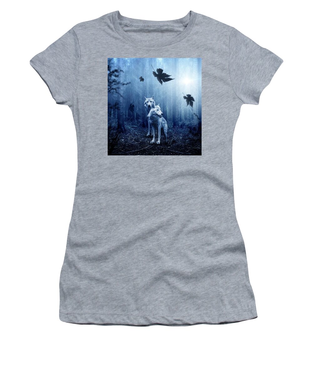 Cute Women's T-Shirt featuring the photograph Two wolves by Top Wallpapers