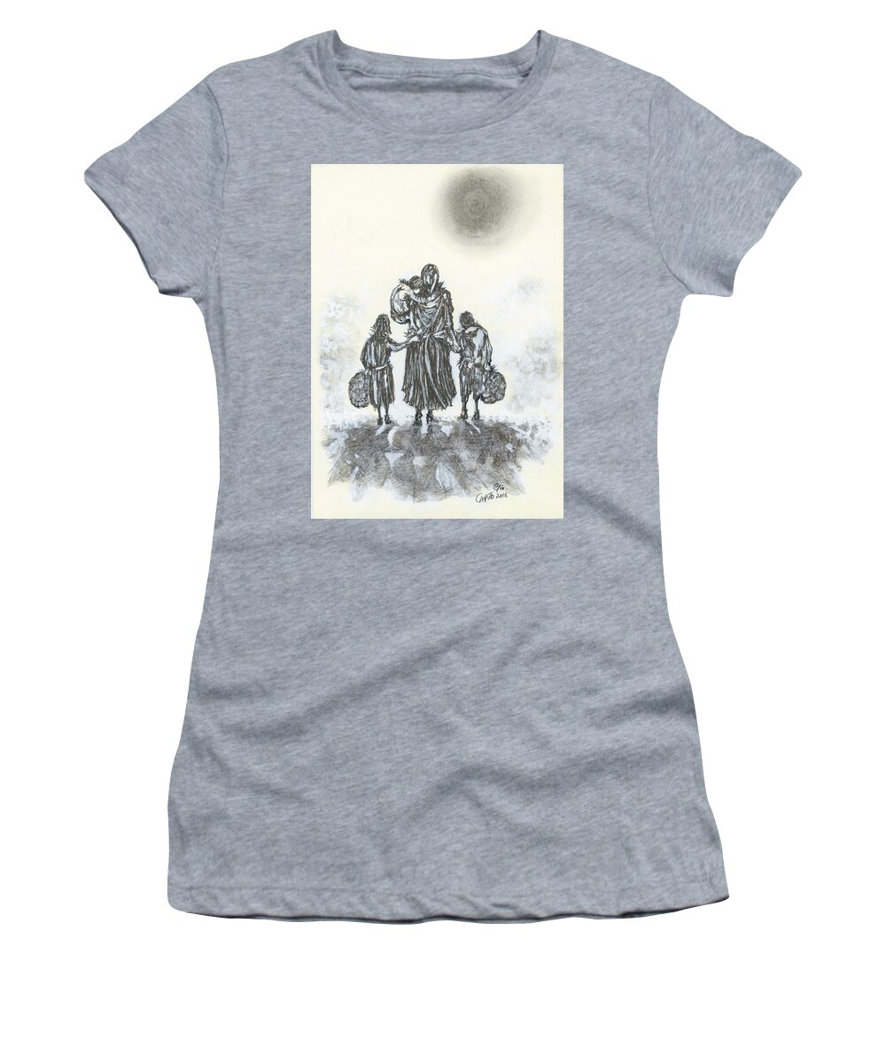 Family Life Women's T-Shirt featuring the mixed media Uncertain Future - Destination Sunset by Giovanni Caputo