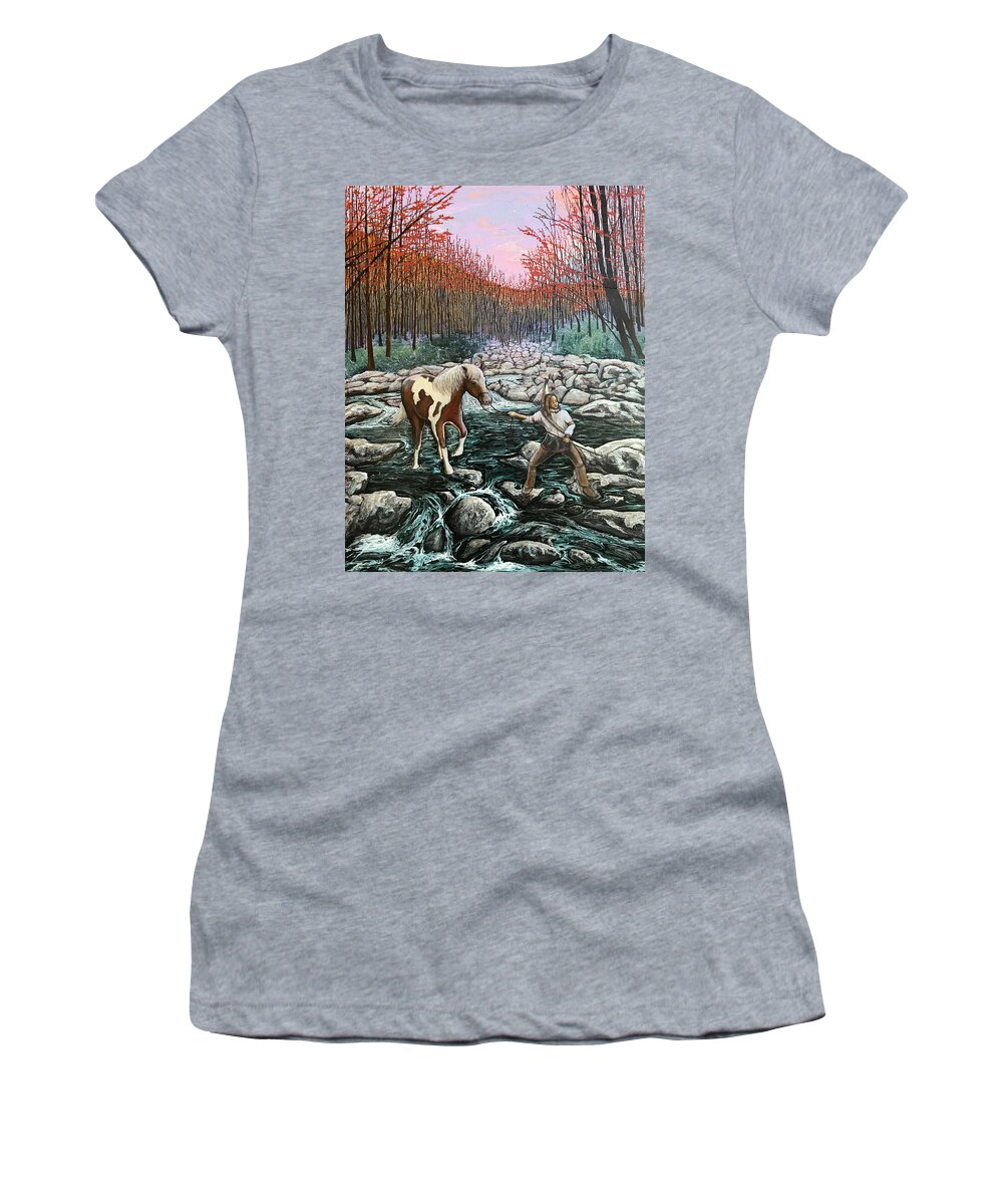 Native American Women's T-Shirt featuring the painting Uneasy Crossing by Mr Dill