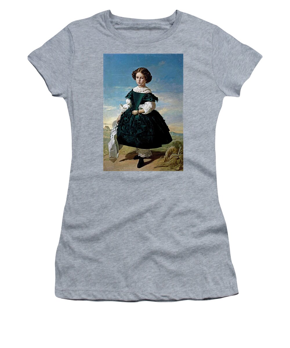 Becquer Valeriano Women's T-Shirt featuring the painting Valeriano Dominguez Becquer / 'Portrait of a Girl', 1852, Spanish School. by Valeriano Dominguez Becquer -1834-1870-
