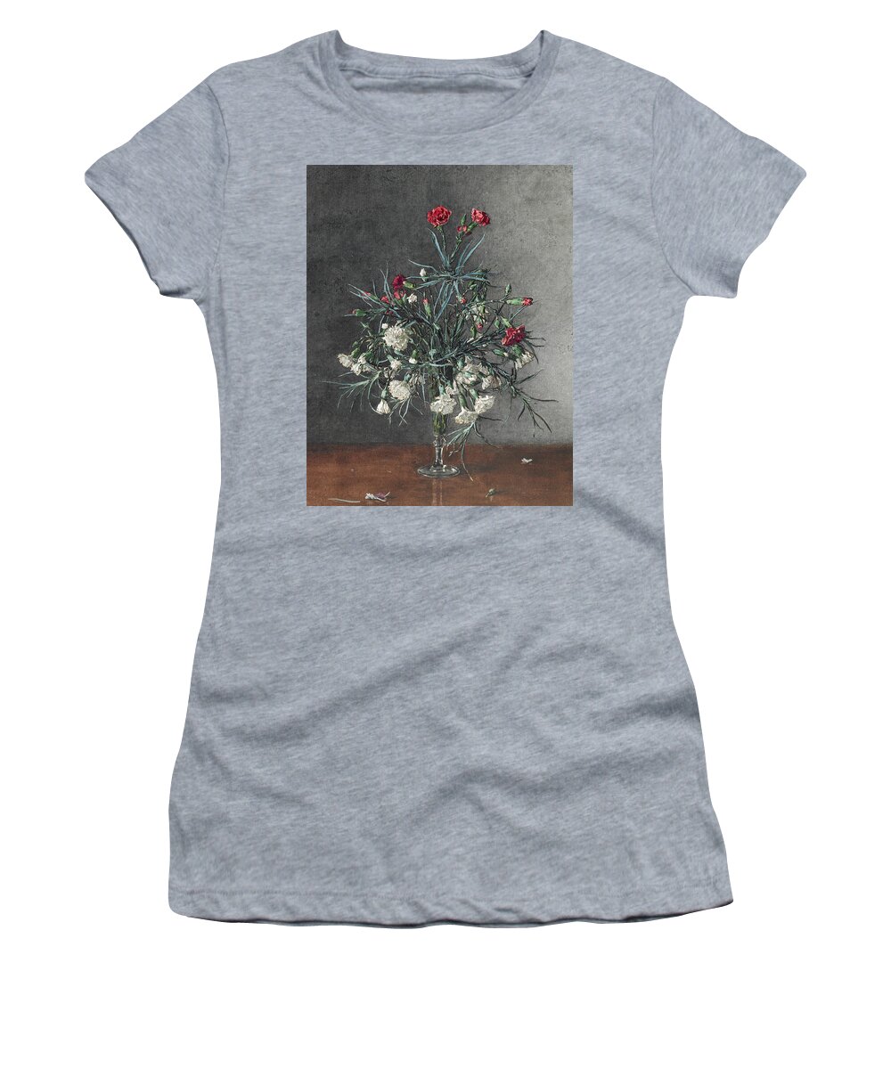 19th Century Art Women's T-Shirt featuring the drawing Vase of Red and White Carnations by Leon Bonvin
