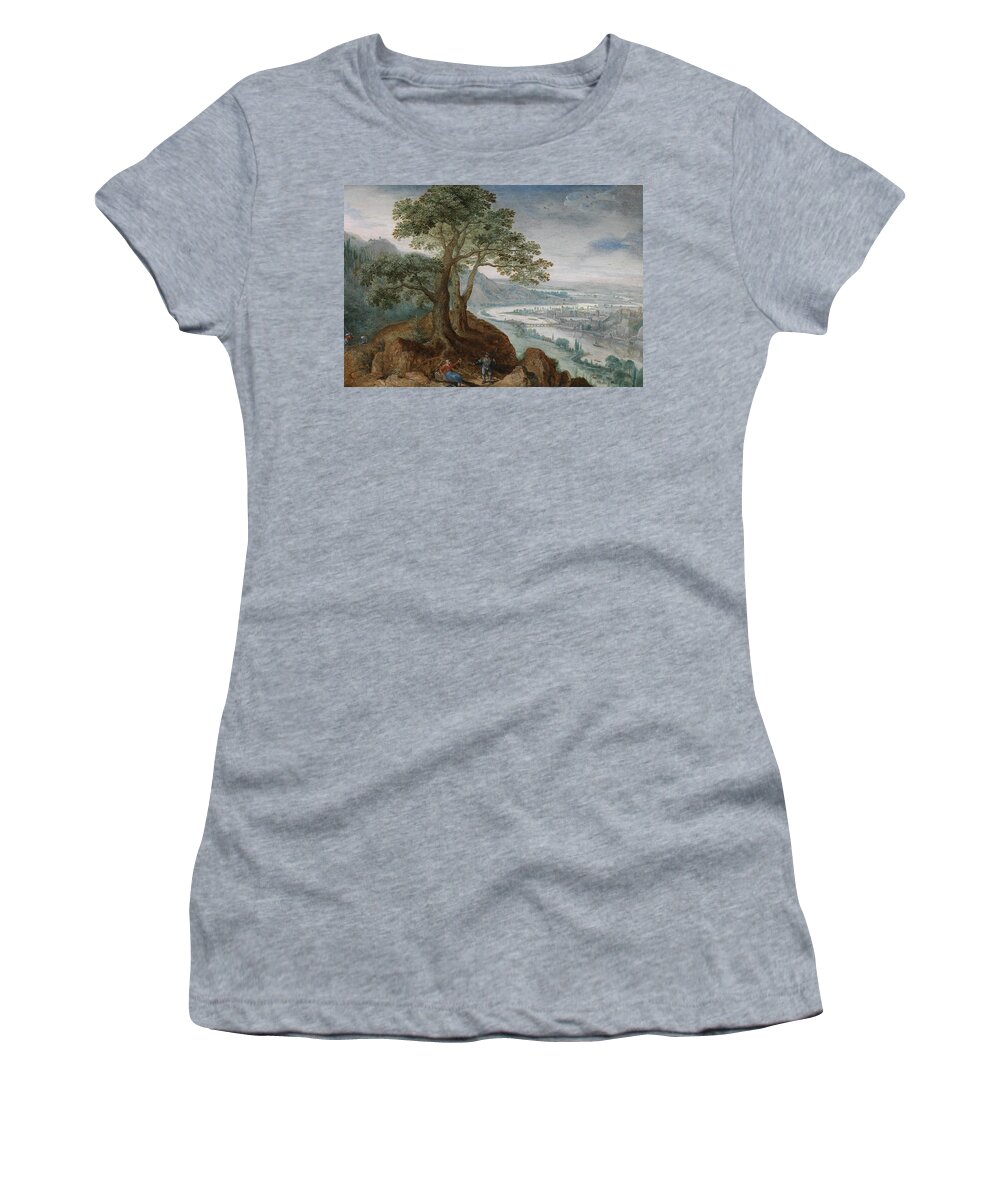 16th Century Art Women's T-Shirt featuring the painting View from Postlinberg to the City of Linz with a Farmer's Wife by Frederik van Valckenborch