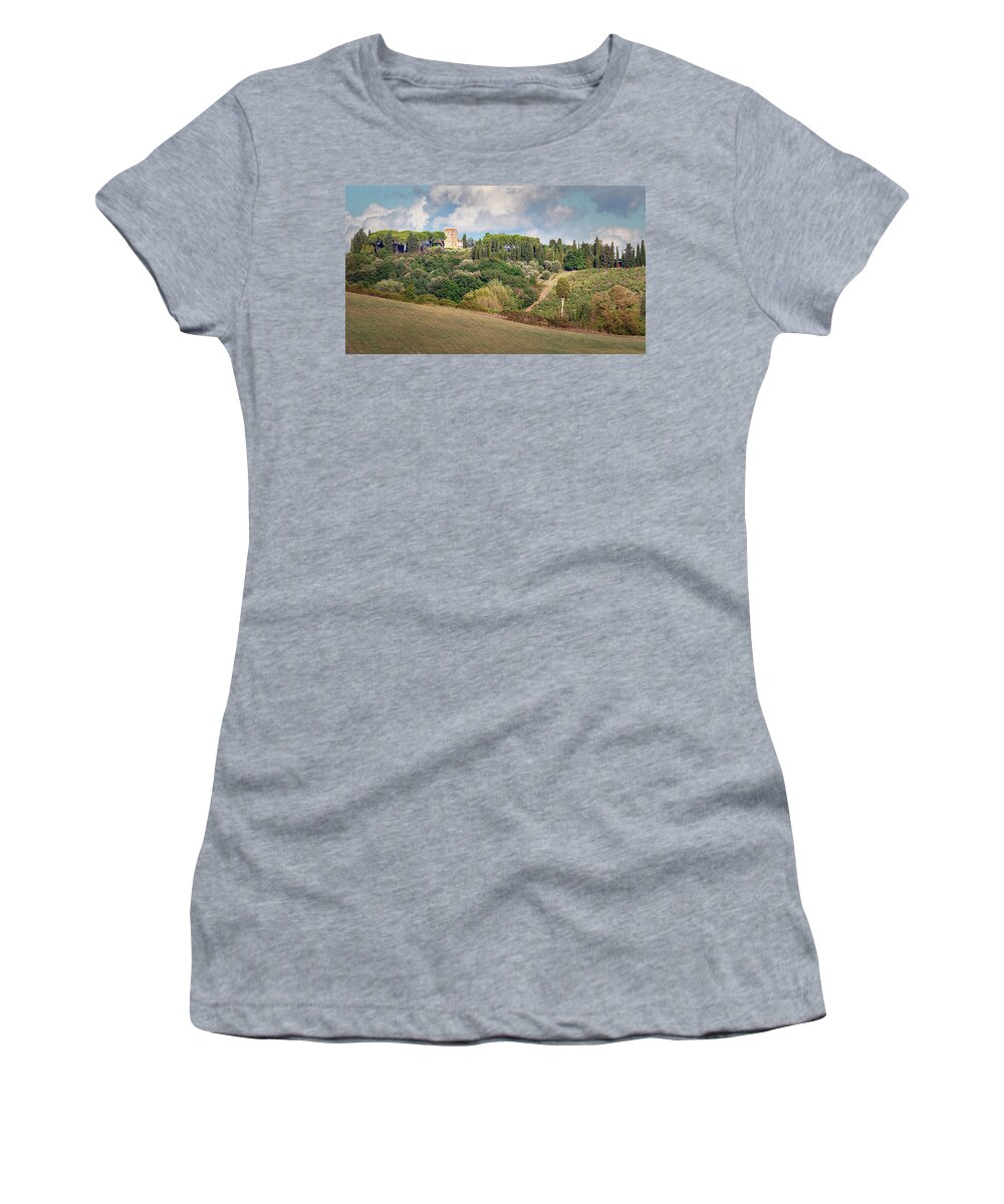 Tuscany Women's T-Shirt featuring the photograph Vineyard Morning Tuscany Italy by Joan Carroll