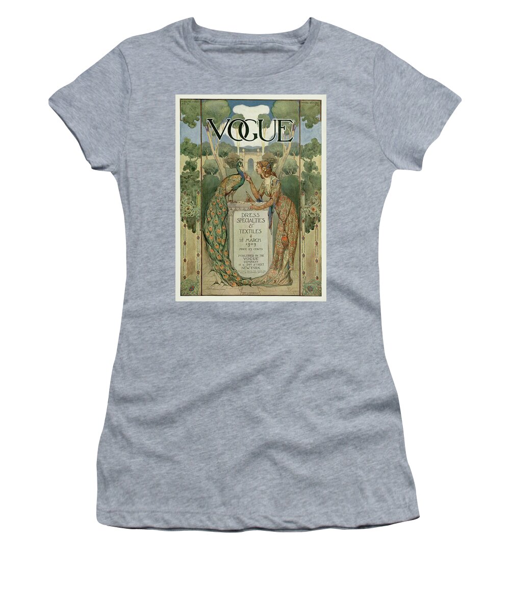 #new2022vogue Women's T-Shirt featuring the painting Vintage Vogue Cover Of A Woman Feeding A Peacock by St John