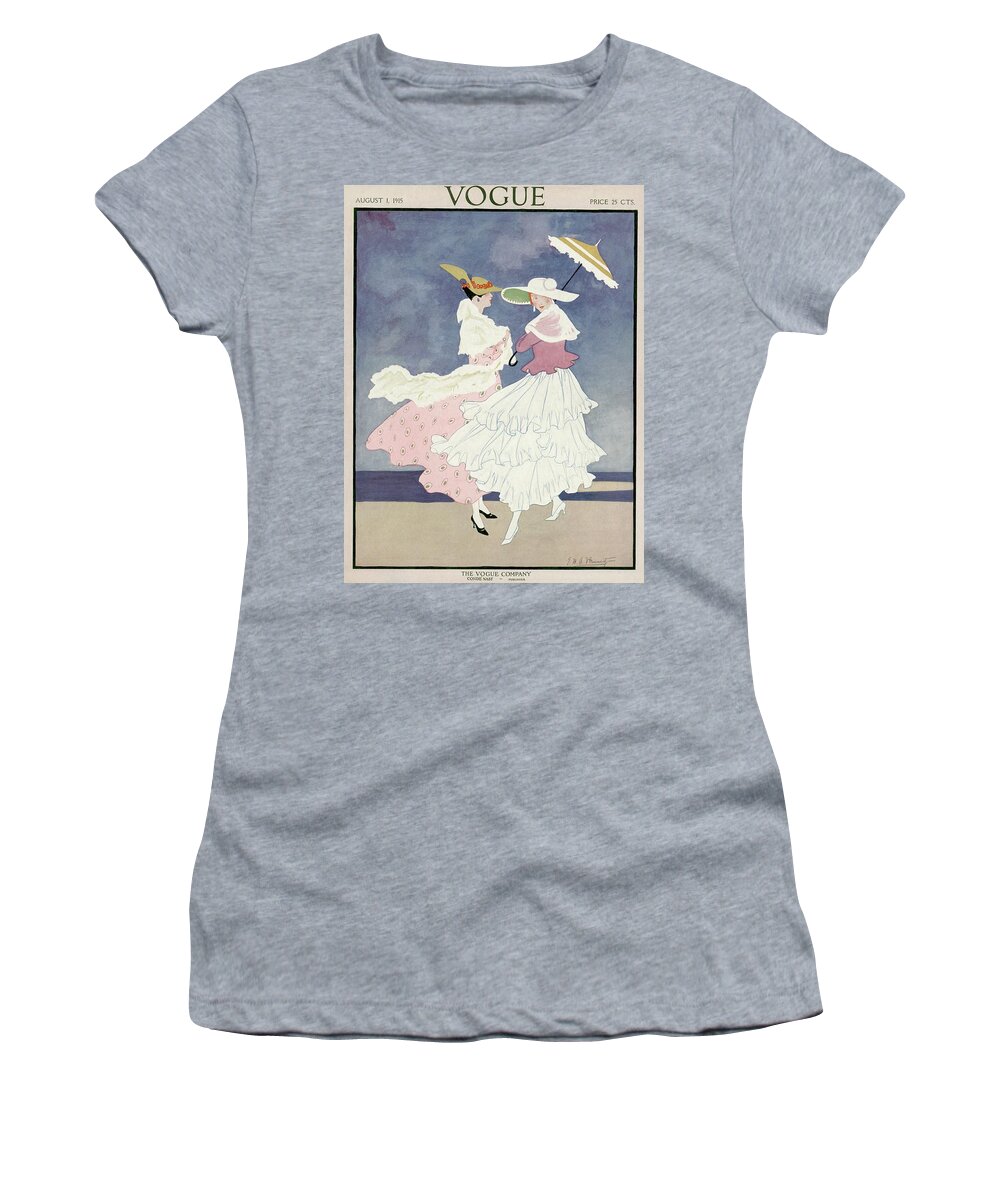 #new2022vogue Women's T-Shirt featuring the painting Vintage Vogue Cover Of Two Women In Long Dresses by E M A Steinmetz